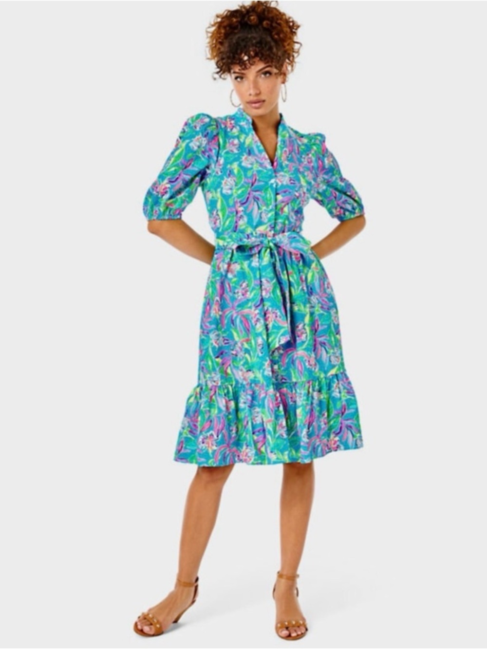 Lilly Pulitzer Shona Teal Floral Puff-Sleeve Belted Midi Dress